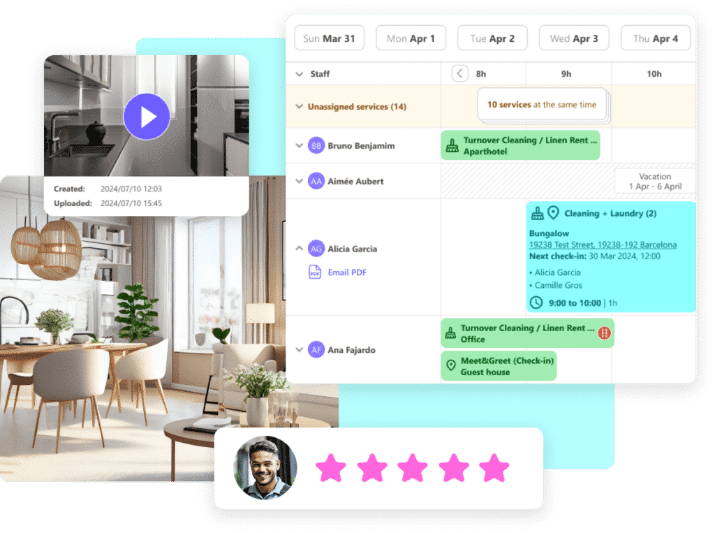 Housekeeping checklist with time-stamped photo proof and a five-star quality rating