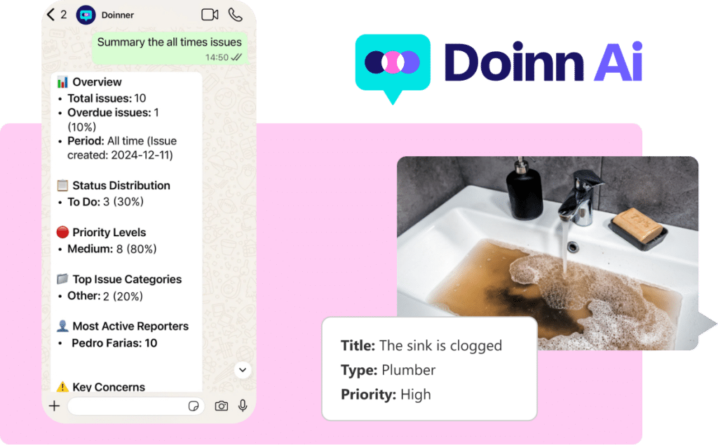 Doinn AI assistant in WhatsApp raising a maintenance ticket from a cleaner’s photo