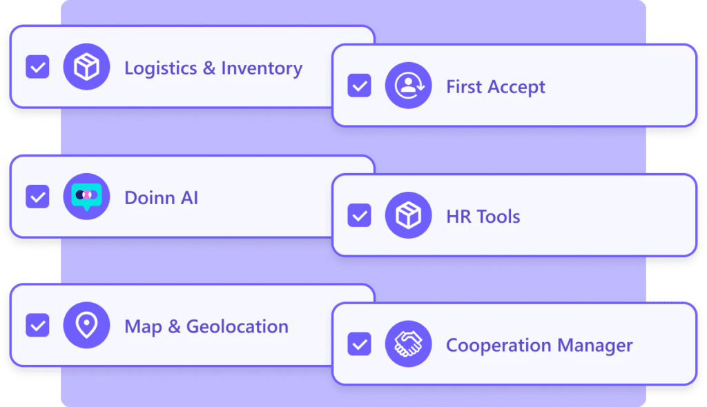 The six Doinn Power-Ups: Logistics & Inventory, First Accept, Doinn AI, HR Tools, Map & Geolocation, Cooperation Manager