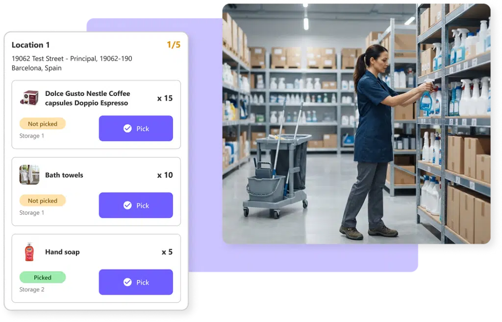 Cleaner picking a product in the warehouse